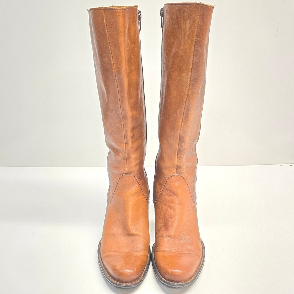 Born Womens Cognac Brown Leather Knee High Zip Up Boots 6 Equestrian Distressed